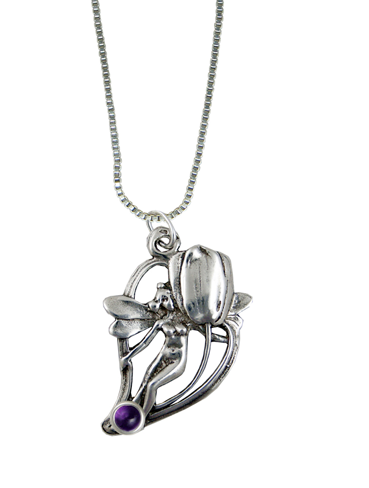 Sterling Silver Shy Flower Fairy Pendant With Amethyst
